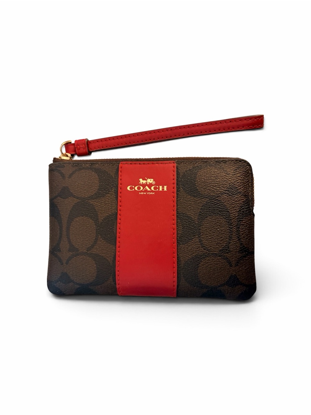 Coach Signature Wristlet – Brown/Red Strip